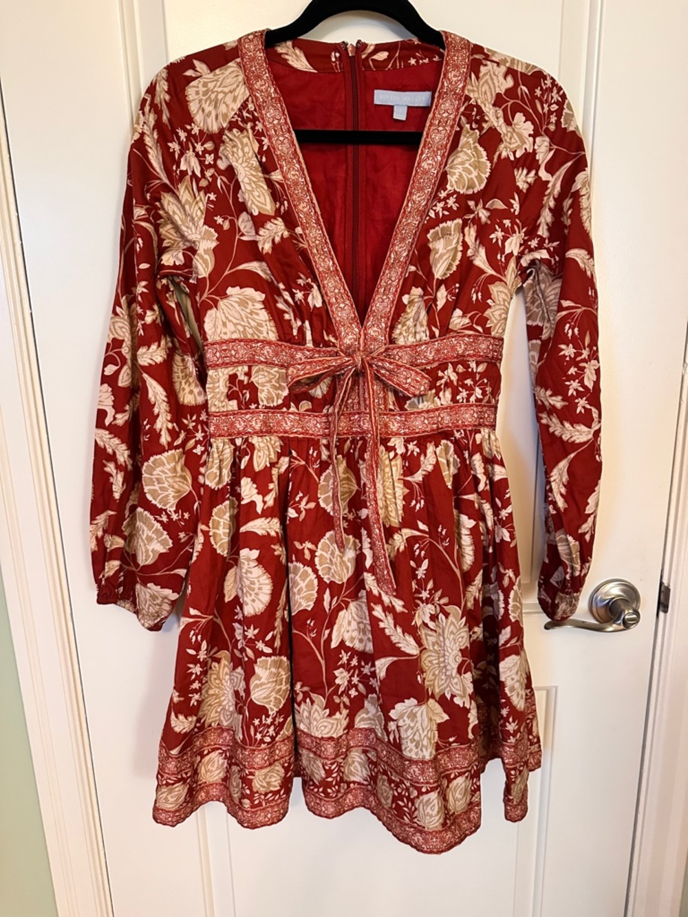 ANTONIO MELANI Rust Red and Cream Floral Tie-Waist Long Sleeve Dress